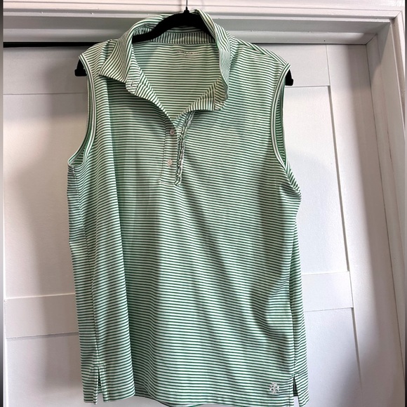 Tory Burch sport collared sleeveless polo green and white striped side XL - Picture 1 of 3